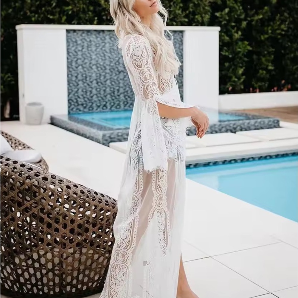 Elegant White Lace Cover-Up maxi festival mesh boho kimono